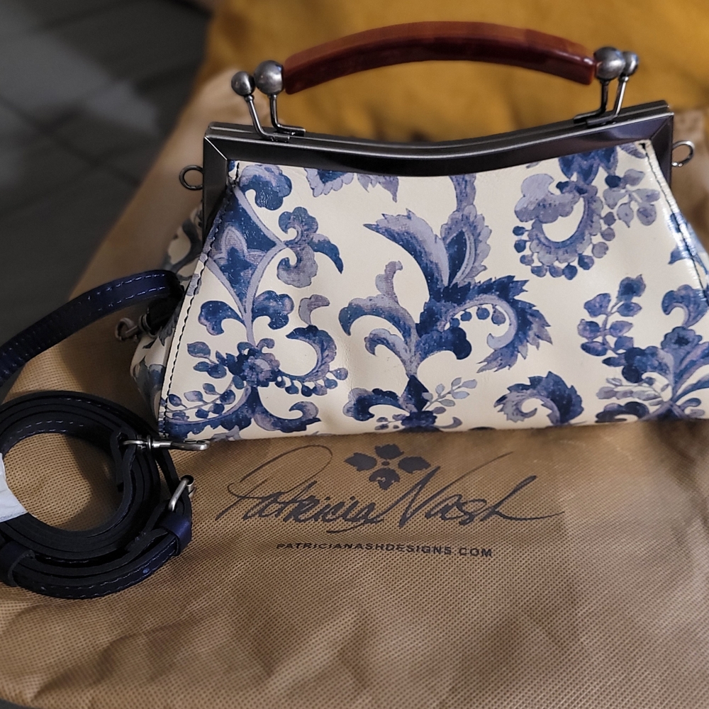 Patricia Nash Blue and Cream Satchel with Floral Design - Picture 2 of 5